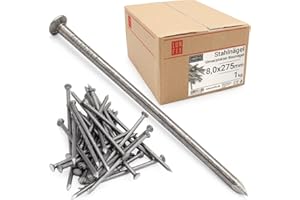 Chiodi in acciaio grezzo 8,0x275mm 1kg, lunghi e resistenti per legno e muro, testa piana per fissaggio e costruzione, chiodi da carpentiere e ferramenta, per bricolage e lavori fai da te, Lun Fix