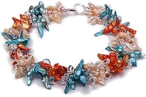JYX Pearl Necklace for Women Two-strand Pink, Blue and Orange Baroque Freshwater Pearl and Crystal Beads Necklace