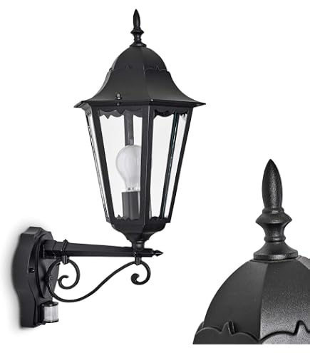 Lampada da parete per esterni Hongkong con rilevatore di movimento, in stile antico in metallo/vetro in nero/chiaro, retrò/vintage, con attacco E27, per terrazza/giardino/ingresso, senza lampadina/e