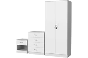 NERA FURNISHINGS Nera White Bedroom Furniture Set 3 Piece Set with Wardrobe Chest of Drawer Bedside Table Bedroom Storage