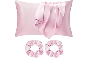 Seiwohl 2 pack Satin Silk Pillowcases for Hair and Skin, Pink Pillow Case 2 Pack with Hair Silk Scrunchies, Cooling Pillow cases with Envelope Closure, Standard Size 50x75 cm