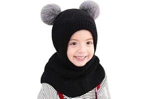 Qersh Kinder Mütze Mädchen Junge Winter Wintermütze mit 2 Bommel Warme Strickmütze Mädchen Dicke Kindermützen Winddicht Kälteschutz Mütze für Baby Kinder Mütze Skimütze Kinder Baby Schalmütze Winter