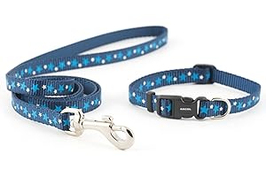 Ancol Small Bite Stars Collar and Lead Set Blue Adjustable Design for Puppies and Small Dogs - 1m Lead with Soft Webbing - 20-30cm