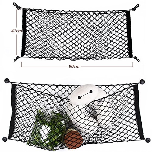 90*40cm Filet Rangement Coffre Voiture avec Crochets + 4 Pièces de Fixation + 4 Clous Grande Capacité Sac de Filet Elastique Solide Organisateur Siège Arrière Accessoire Voiture Universel