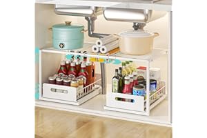 YunNasi Organizador Bajo Fregadero, Armario 2 Niveles Metal Altura Ajustable Estantería Bajo Fregadero, Bandeja Extraible Mueble Almacenaje para Cocina Baño (Blanco, A-Estilo)