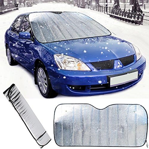 Windscreen Cover Frost Snow Ice Dust Sunshade Windshield Window 130x60cm Foldable Universal All Weather Car SUV's Cover Front or Rear Wind Shield Dashboard Protector Visor Reflective UV Heat Sun Block Shade Protector With 2 Elastic Straps