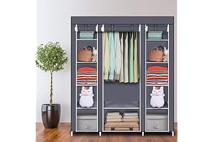 LEADZM Armadio pieghevole in tessuto, con chiusura lampo, scomparti per camera da letto, soggiorno (grigio, 150 x 45 x 175 cm)