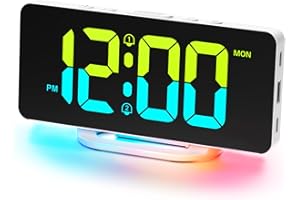 CHEREEKI Réveil Numérique avec 2 Alarmes et Snooze, 10 Modes d'éclairage Nocturne RGB, Affichage LED 11 Couleurs, Réveil Graduable, Port de Charge USB, Jour de la Semaine, Alimenté par Le Secteur