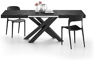 Mobili Fiver, Tavolo Allungabile Emma 140(220) x90 cm, Nero Cemento con Gambe Incrociate Nere, per 6-10 persone, Tavolo Cucina, Soggiorno, Made in Italy