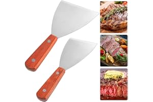THATSRAD 2 PCS Spatule Inox Manche en Bois Spatule Barbecue Plancha Grattoir Plancha Inox Spatule Plancha Inox Teppanyaki Spatule pour Barbecue Pizza Steak 20,5*10 cm, 20,5*7,5 cm,1 mm d'Épaisseur