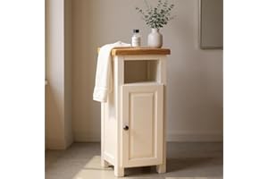 GROF Slim Display Cabinet, Snow White Painted Storage Unit with Oak Top, Narrow Side Table for Living Room and Hallway, W33 x D30 x H80 cm