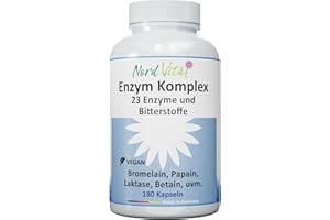 ‎NORD VITAL Enzym Komplex mit 23 aktiven Inhaltsstoffen – 180 magensaftresistente Kapseln – Verdauungsenzyme hochdosiert mit Bromelain, Papain, Lipase Enzym, Betain HCL & Bitterstoffen – Vegan – Digestive Enzymes
