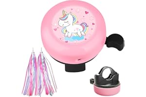 UYUYong Sonnette Vélo Enfant Rose, Ruban Scooter Colorés Licorne Cloches Vélo D'équilibre, pour Vélo Voiture D'équilibre, Scooter (1 Clochette+1 Paire Rubans)