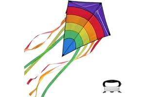 EnixwH Latawiec dla dzieci, latawiec dla dzieci, tęczowy smok delta dla dzieci od 3 lat, 64 x 75 cm, w zestawie 80 m sznur latawca i ogony w paski, wkładka latawca, zabawka latająca, prezent dla