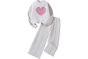 Kunyeah Conjunto de sudadera para niña de 8 a 12 años, 2 piezas, con estampado de corazón, forro polar, manga larga, pantalón