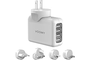 VOOMY Uniwersalny adapter podróżny z 4 portami USB – wtyczka podróżna na całym świecie do ponad 170 krajów, idealny do podróży w USA, Europie, Australii, łącznie z Anglią, Tajlandią, Indiami – adapter