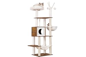 Hey-Brother Arbre à Chat, Tour de Jeux Moderne 141 cm, Meuble pour Chats d’Intérieur avec Griffoirs, Coussins Amovibles, Panier et Pompon, Marron Rustique EMPJ120-MSR