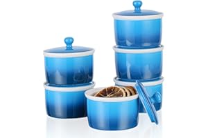 240ml Pirottini per Soufflé con Coperchio, Candiicap Set di 6 Pirottini da Soufflé in Porcellana per Cuocere al Forno, Budini, Creme Brulée, Salsa di Servizio (240ml, Blu Navy)