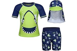 Edjude Boys UV Sun Protection Swimwear Kids One/Two Piece Cartoon Shark Swimming Costume Child Rash Guard Swimsuit Beachwear Wetsuit with Sun Hat for Boys 1-8 Years