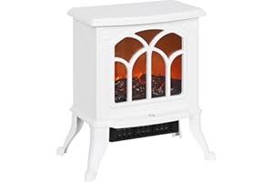 HOMCOM Chimenea Eléctrica de Pie 750/1500 W, Chimenea Decorativa con 2 Niveles de Potencia, Efecto Llama, Protección Sobrecalentamiento, Área de Cobertura 15-20 m², Blanco