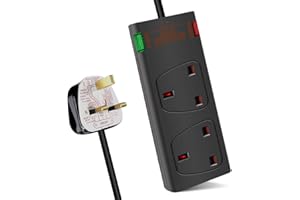 ExtraStar 2 Way Double Socket Power Mains Extension Lead 1M Metre Cable - Surge Protected British Approved 13A - Black