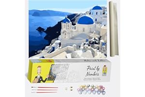 DonElton Dipingere con i numeri per adulti - Santorini - DIY Paint by Numbers Kit fai da te Città - Tela prestampata con 3 pennelli 40 x 50 cm senza cornice