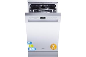 Midea SF 5.45NW10C Geschirrspüler 45cm Freistehend & Unterbaufähig, 10 Maßgedecke, 7 Programme, Spülmaschine 45 cm mit WIFI, 44 db, Startverzögerung, Automatische Türöffnung, 63 kWh/100 Zyklen, Weiß