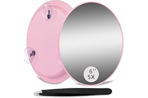 HMGGOOFA 5X Magnifying Mirror, 6inch Makeup Mirror with 5X Magnification, Makeup Magnifying Mirror with 3 Suction Cups, Large Travel Magnified Mirror Compact Magnifying Mirror, Cosmetic Mirror and Tweezers Kit