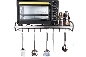 BAZARGAME Soporte de pared de acero inoxidable para microondas, soporte de cocina, estante de pared, estante para microondas, con 6 ganchos