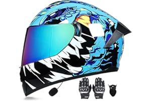 Letetexi Bluetooth Integrated Modular Flip Up Motorcycle Helmet Predator Full Face Motorbike Helmets ECE Approved Built in MP3 Radio Moped Gloves Mask Crash Helmet 55~62cm