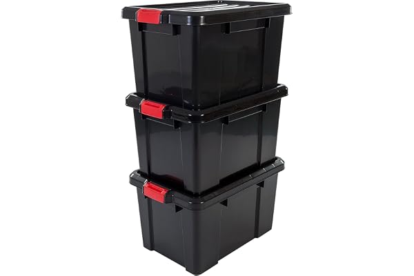 Iris Ohyama, Boîtes de rangement plastique avec couvercle et fermeture à Clips, 50L, Lot de 3, Empilables, Emboîtable, Sans BPA, Grenier, Cabanon, Garage, Garage, SK-450, Noir