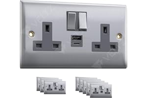 USB C Socket | 20W PD USB C & 18W QC 4.0 USB A | Super Fast Charging | VELTZ Pro | Double Plug Wall Socket 13A 2 Gang | Brushed Steel (5 Pack)