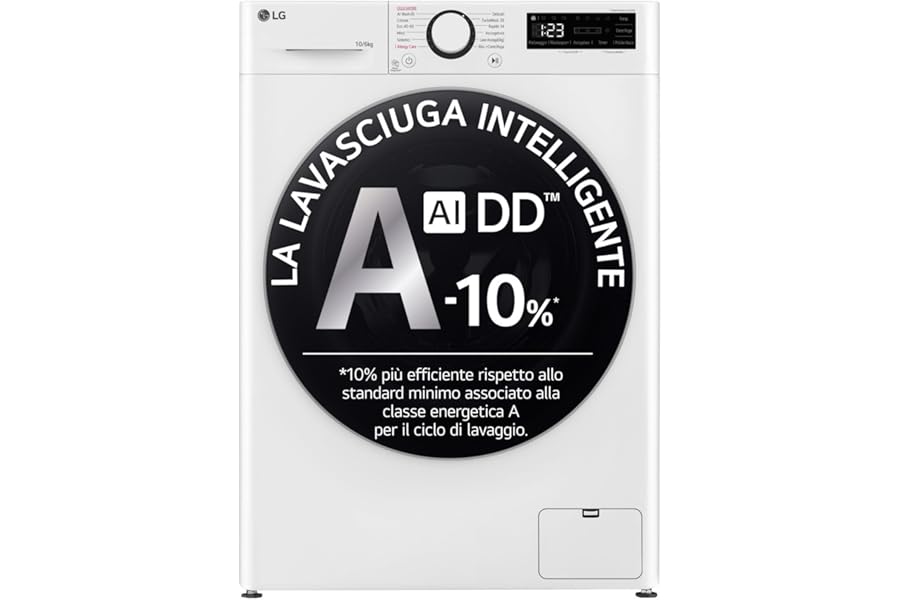LG AI DD D4R5010TSWS Washer Dryer 10 / 6 kg R5 Series Class A-10%/D, Washing Machine and Dryer Together, 1400 RPM, TurboWash360, Steam, Eco Hybrid, Allergy Care, Inverter Direct Drive Motor, White