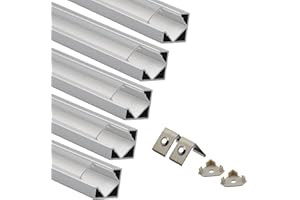 Eurekaled - 5 pezzi Profilo Alluminio ANGOLARE 45 Gradi da 1 metro per Strisce LED con Copertura TRASPARENTE, Tappi e Ganci completi cod. 0751