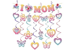 GELUODE I OLVE MOM Bunting,Happy Birthday Banner With Hanging Swirls Decorations 26 PCS,Gradient Butterfly Flowers Birthday Decoration For Mom Women Birthday Mother's Day Party Photo Props Backdrops