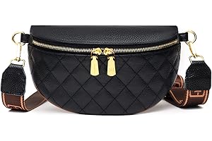 Myhozee Crossbody Bag Damen Breiter Gurt, Echt Leder Bauchtasche Damen stylisch Kleine Umhängetasche Gesteppte Taschen Schultertasche für Festival Reise Schwarz