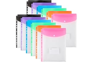 OFFICESWIFT Carteras de plástico A4 con bolsillos perforados, 11 agujeros expandibles para bolsa de documentos de 2/3/4 anillos con botón a presión y etiqueta, hojas sueltas transparentes para oficina, escuela