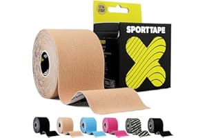 SPORTTAPE bardzo lepka taśma kinezjologiczna, 5cm x 5m - BEŻOWY - Hipoalergiczna, wodoodporna taśma K Physio Tape do urazów mięśni, wsparcie