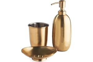 OurHouse Three Piece Bathroom Caddy Set, Accessories Toothbrush Holder, Easy Fill Handwash Lotion Soap Dispenser and Soap Dish, Stylish Colours, Easy Clean, Modern & Clean Suits Any Bathroom (Brass)