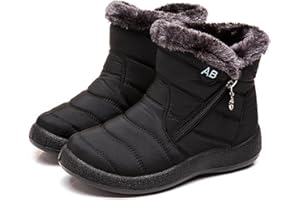 ZHFF Womens Winter Snow Boots Fur Lined Warm Ankle Boots Side Zipper Lightweight Outdoor Flat Walking Shoes Non-Slip Girls Ladies Booties Black