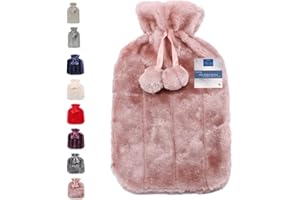 VIROSA Luxury Hot Water Bottle with Soft Faux Fur Cover & Pom Poms – 2 Litre Large Leakproof Rubber Bottle for Neck, Shoulder, Back Pain Relief & Hand and Feet Warmer (Plum)