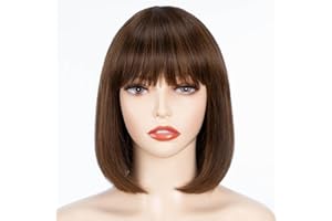 FASHION IDOL Bob Peluca de Cabello Humano con Flequillo para Mujeres Negras Pelo Liso Corto 25CM Natural Negro Sin Pegamento Hecho a Máquina Pelucas Bob Cortas