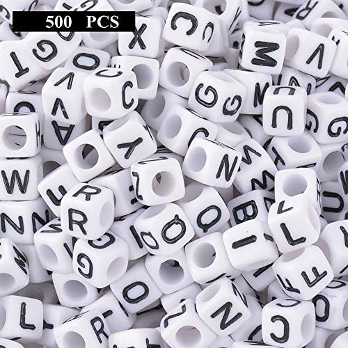 Set of 500 white acrylic letters beads with black letters from A-Z. Cube beads 6 mm x 6 mm for bracelets, threading, necklaces, key chains and children's jewellery