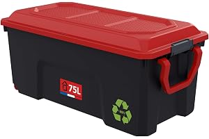 SUNDIS Locker, plastförvaringslåda med lock 75 L | Hjul, handtag, klämmor, robust, staplingsbart och stapelbart, perfekt för