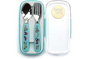 Tyrrell Katz Kids Trucks Printed 2 Piece Cutlery Set in Blue with Case - Dishwasher Safe Flatware Children's Fork and Spoon - 15 x 8 x 2 cm