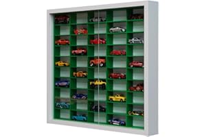 Decographics | Estante Expositor H50 | Compatible con Hot Wheels | Capacidad 50 Coches | Vitrina para colección | Organizador de Coches (Blanco Interior Verde)