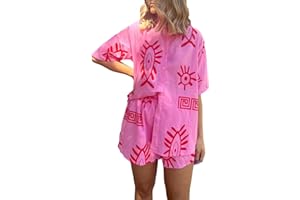 FELCIA Women's Oversized 2 Piece Outfits Fashion Printed Short Sleeve Button Down Shirt Shorts Co Ord Set Summer Streetwear Beachwear