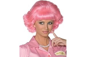 SMIFFY'S Smiffys Peluca de Frenchy de Grease, Rosa, Corta y rizada Halloween