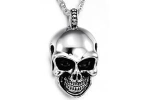 JewelryWe Bijoux Pendentif Collier Homme Tête de Mort Crâne Gothique Diable Acier Inoxydable Fantaisie Couleur Argent Noir