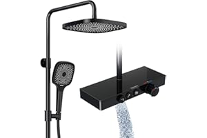 Rainsworth Colonne de Douche Thermostatique et étagère en Verre Noir Mat, tête de douche 26 * 26cm, Pommeau de Douche de 3 Jets, plaque thermostatique de 36 x 14 cm, Douche Set avec Mitigeur